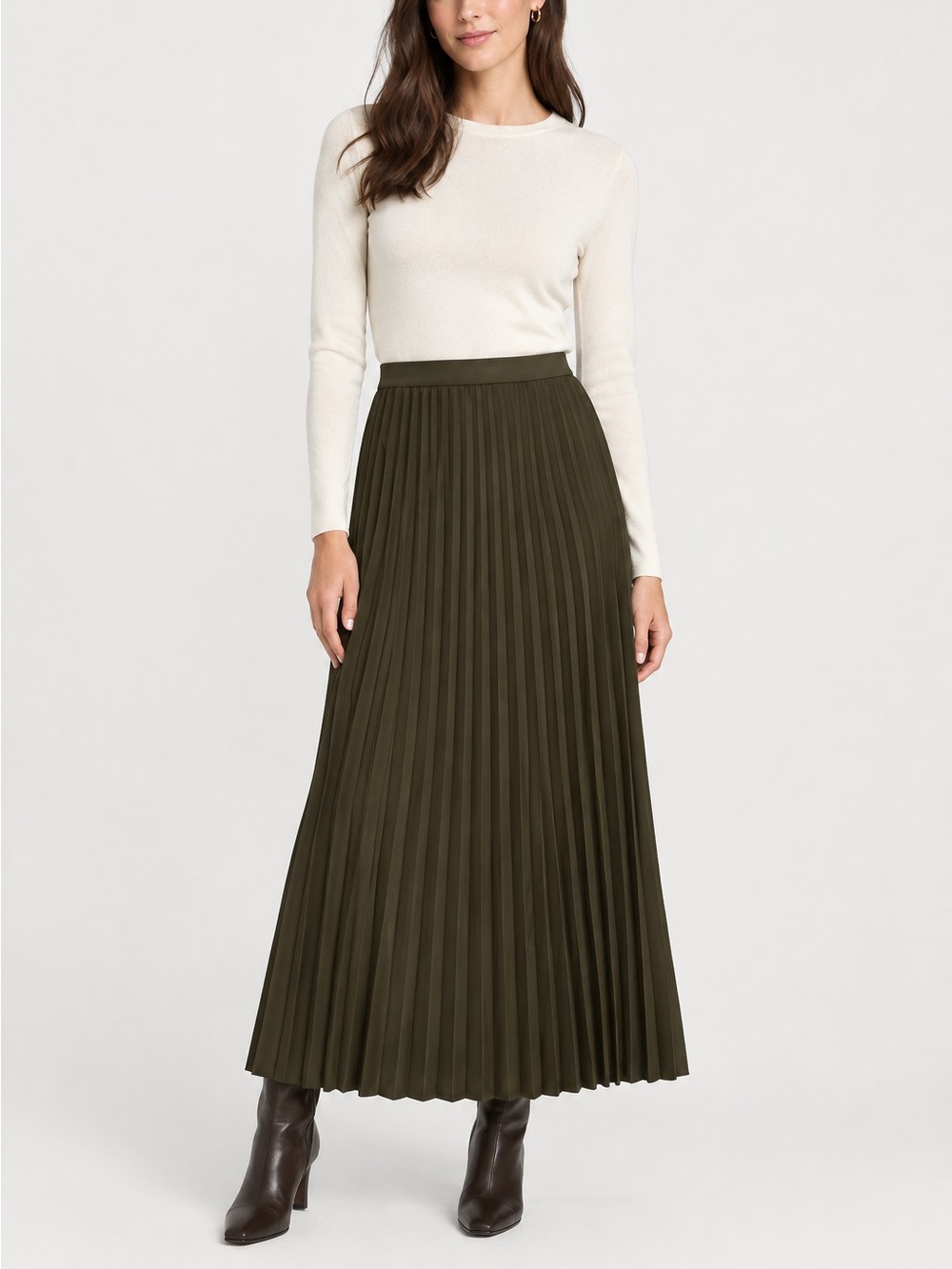 Massimo Dutti Olive Pleated Maxi Skirt
